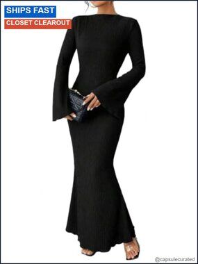 Women's Long Sleeve Maxi Dress Bodycon Formal Flare Sleeve Mermaid Hem